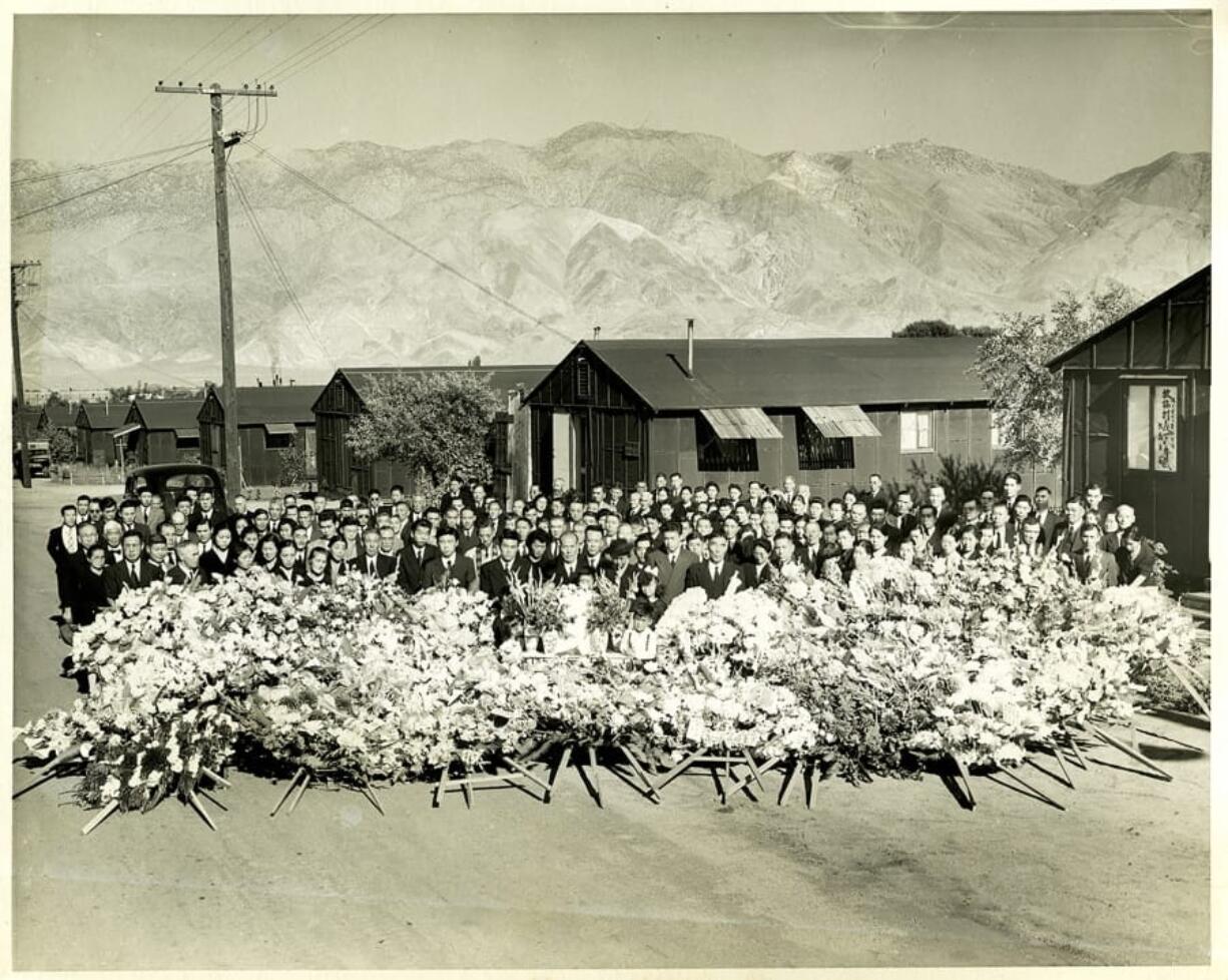 This 1945 photo shows a memorial service for Giichi Matsumura, who died on nearby Mount Williamson during his incarceration at an internment camp for people of Japanese ancestry in Manzanar, Calif., during World War II.