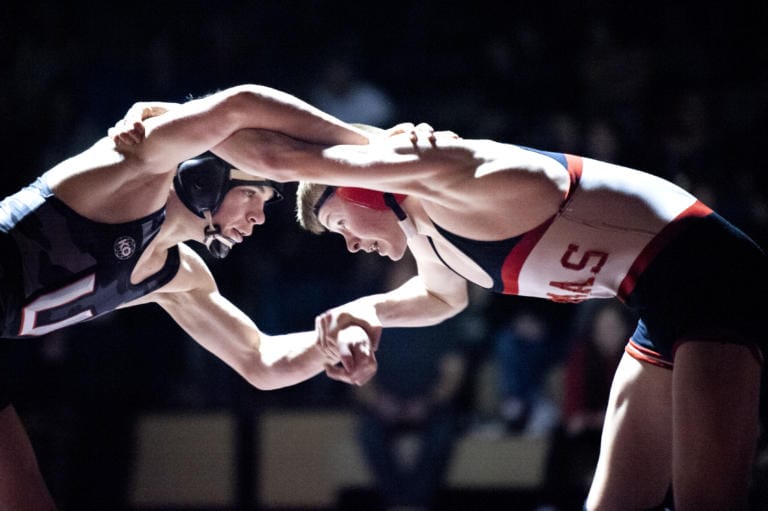 Camas’ Porter Craig (113) won by third-round pin over Union’s Spencer Needham in a 4A Greater St. Helens League dual on Wednesday in Camas. The Titans won 54-19.