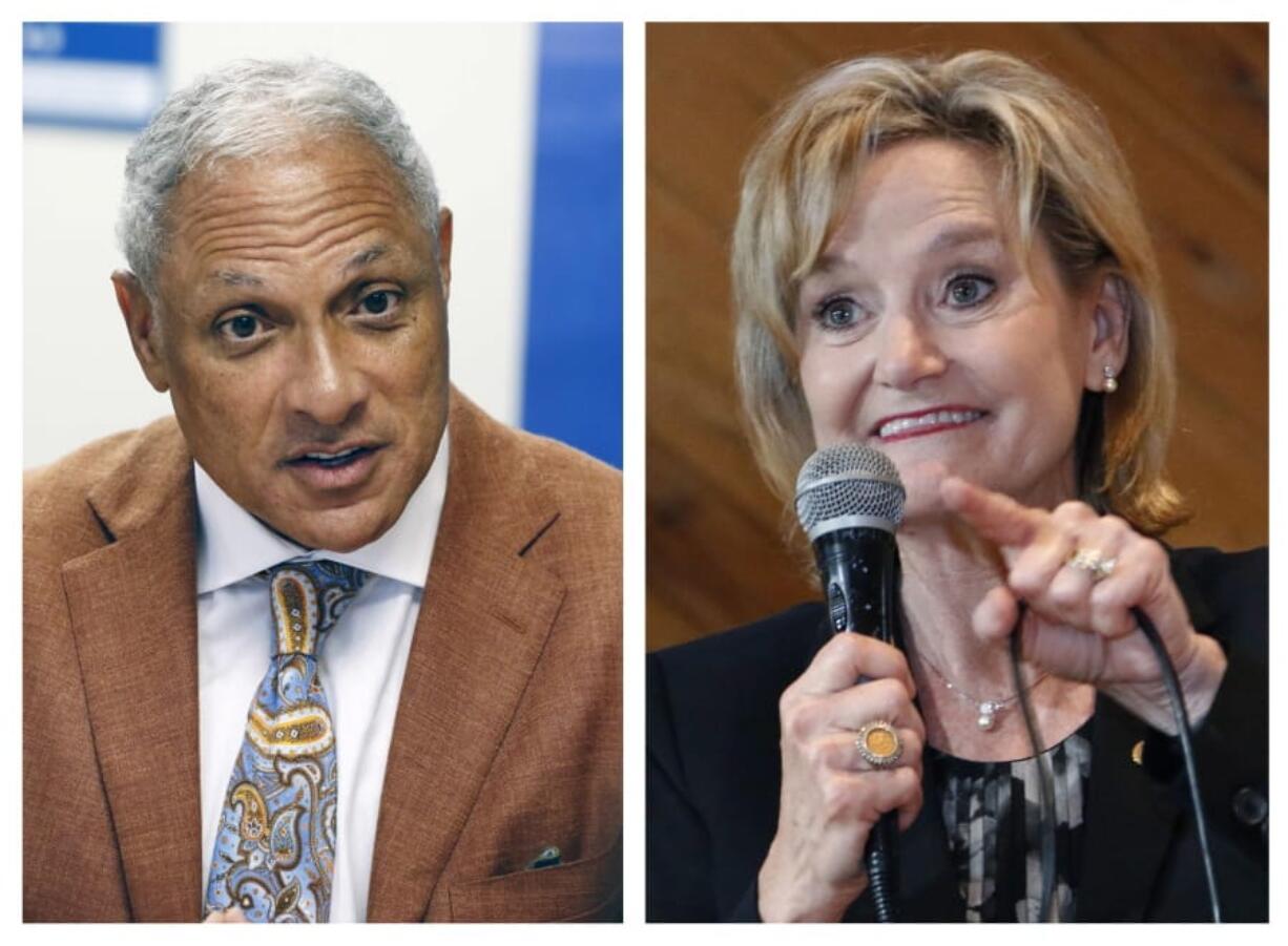 FILE - This file photo combination shows Mike Espy, left, a former congressman and former U.S. agriculture secretary, on Oct. 5, 2018, and U.S. Sen. Cindy Hyde-Smith, R-Miss., on Nov. 5, 2018, both in Jackson, Miss. If Espy and Hyde-Smith win their respective party&#039;s primaries, they will face each other in the November 2020 general election. Hyde-Smith defeated Espy in a November 2018 special election. (AP Photo/Rogelio V.