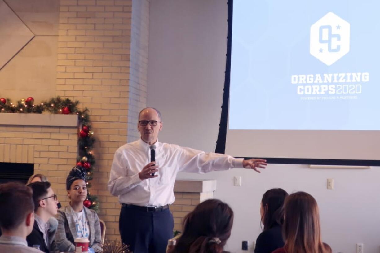 Democratic National Committee Chairman Tom Perez speaks to student organizers receiving training to work on the presidential campaign on Thursday, Jan. 16, 2019, in Madison, Wis. Perez told the students they will be the key to defeating President Donald Trump this year.