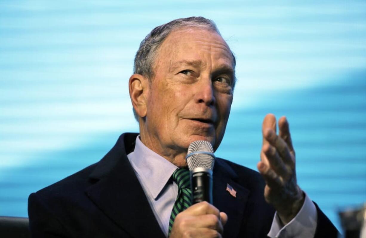 File - In this Dec. 11, 2019, file photo, Democratic Presidential candidate and former New York City Mayor Michael Bloomberg gestures while taking part in an on-stage conversation with former California Gov. Jerry Brown at the American Geophysical Union fall meeting in San Francisco. In the battle for the Democratic presidential nomination, no prize is bigger than California, which offers more delegates than any other state. And as candidates plot their strategies here, there&#039;s an overlooked group of voters who could be key to victory: independents.