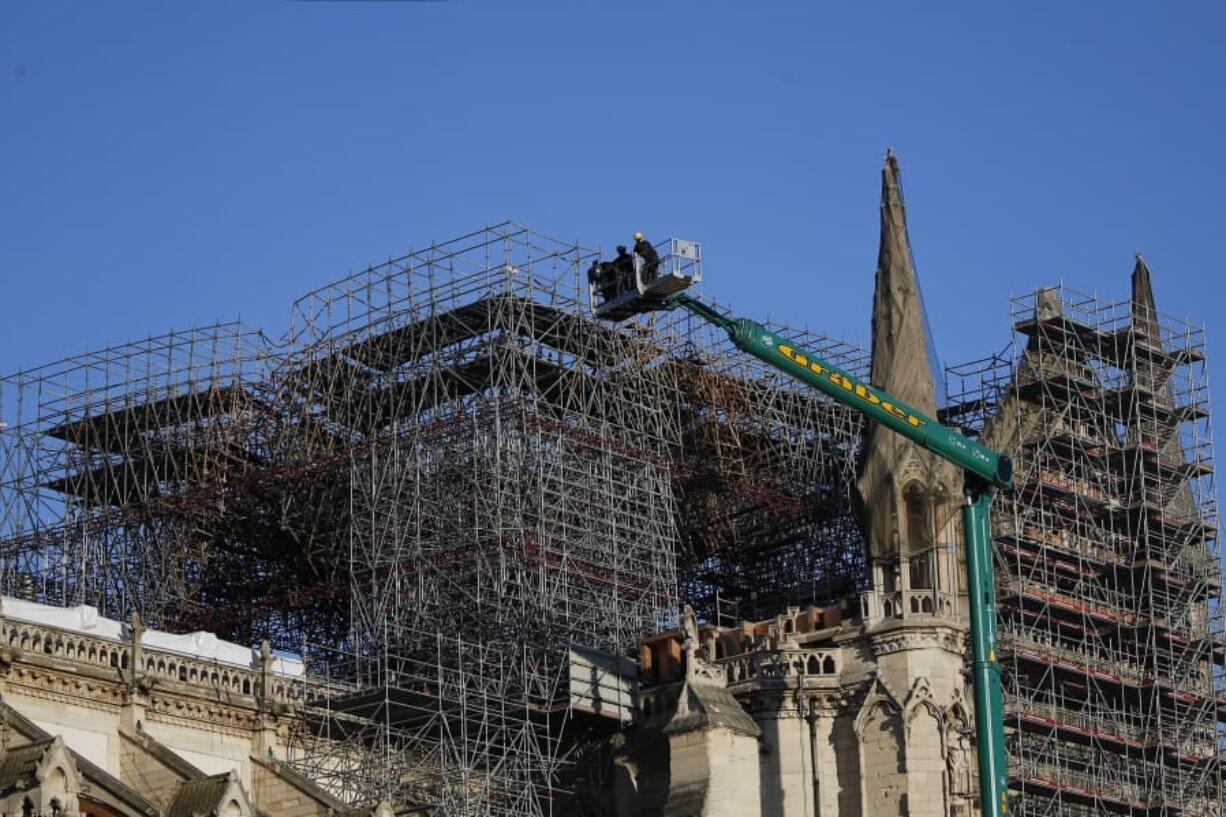 Notre Dame cathedral is pictured in Paris, Monday, Jan. 6, 2020. Gen. Jean-Louis Georgelin who is overseeing the reconstruction of the fire-devastated Notre Dame Cathedral told French broadcaster CNews on Sunday that &quot;the cathedral is still in a state of peril&quot; after last year&#039;s fire, which destroyed its roof and collapsed its spire as the cathedral was undergoing renovations.