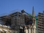 Notre Dame cathedral is pictured in Paris, Monday, Jan. 6, 2020. Gen. Jean-Louis Georgelin who is overseeing the reconstruction of the fire-devastated Notre Dame Cathedral told French broadcaster CNews on Sunday that &quot;the cathedral is still in a state of peril&quot; after last year&#039;s fire, which destroyed its roof and collapsed its spire as the cathedral was undergoing renovations.