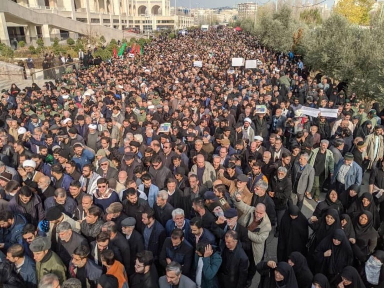 Protesters demonstrate over the U.S. airstrike in Iraq that killed Iranian Revolutionary Guard Gen. Qassem Soleimani in Tehran, Iran, Jan. 3, 2020. Iran has vowed &quot;harsh retaliation&quot; for the U.S. airstrike near Baghdad&#039;s airport that killed Tehran&#039;s top general and the architect of its interventions across the Middle East, as tensions soared in the wake of the targeted killing.