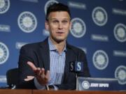 Seattle Mariners general manager Jerry Dipoto speaks Thursday, Jan. 23, 2020, in Seattle during the Seattle Mariners annual news conference before the start of Spring Training baseball. (AP Photo/Ted S.