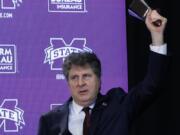 New Mississippi State NCAA college football coach Mike Leach speaks at a news conference Friday, Jan. 10, 2020, at the Starkville, Miss., based university, after being officially introduced as the head coach. (AP Photo/Rogelio V.