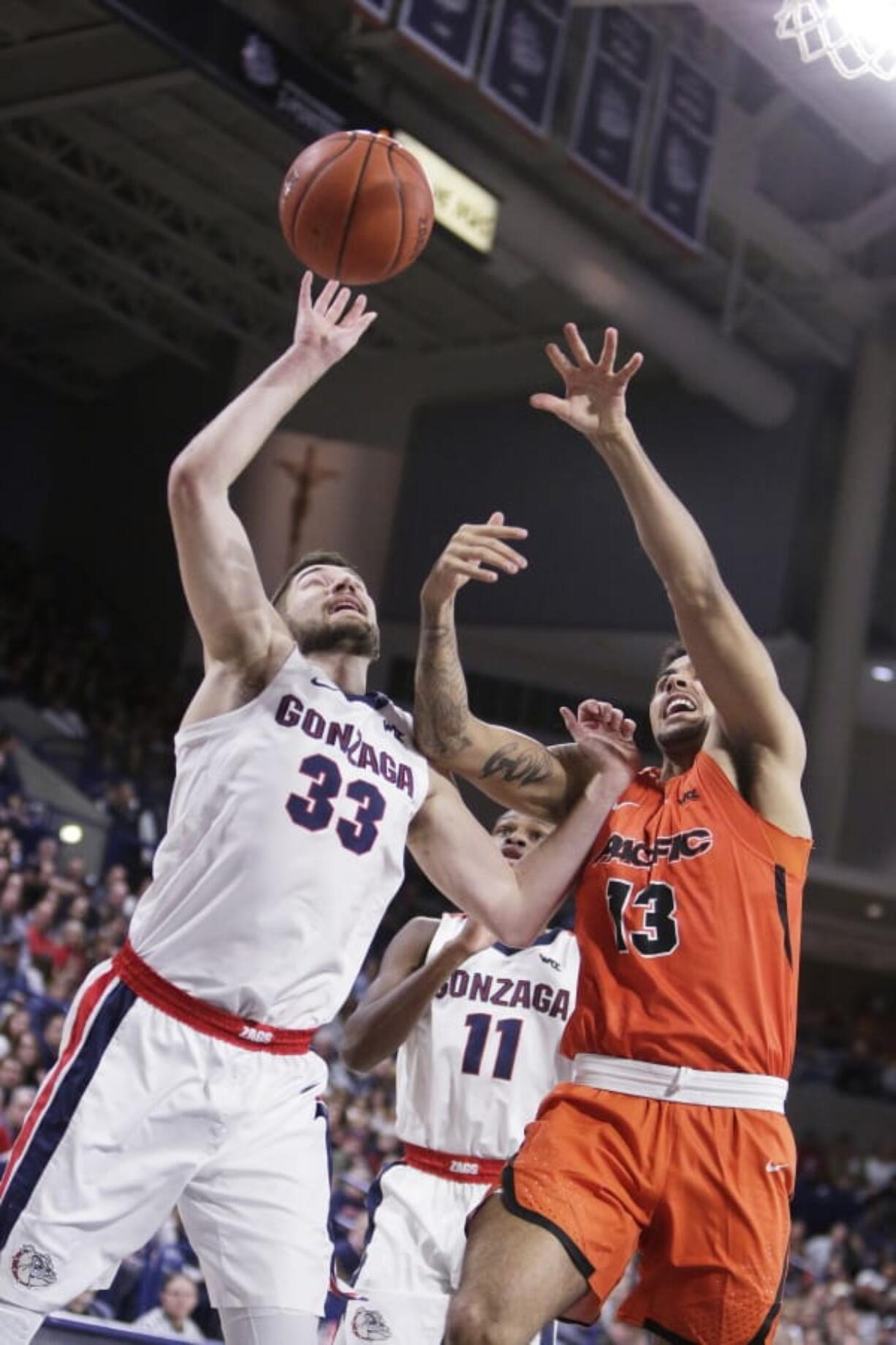 Gonzaga forward Killian Tillie (33) and Pacific forward Jeremiah Bailey (13) go after a rebound during the first half of an NCAA college basketball game in Spokane, Wash., Saturday, Jan. 25, 2020.