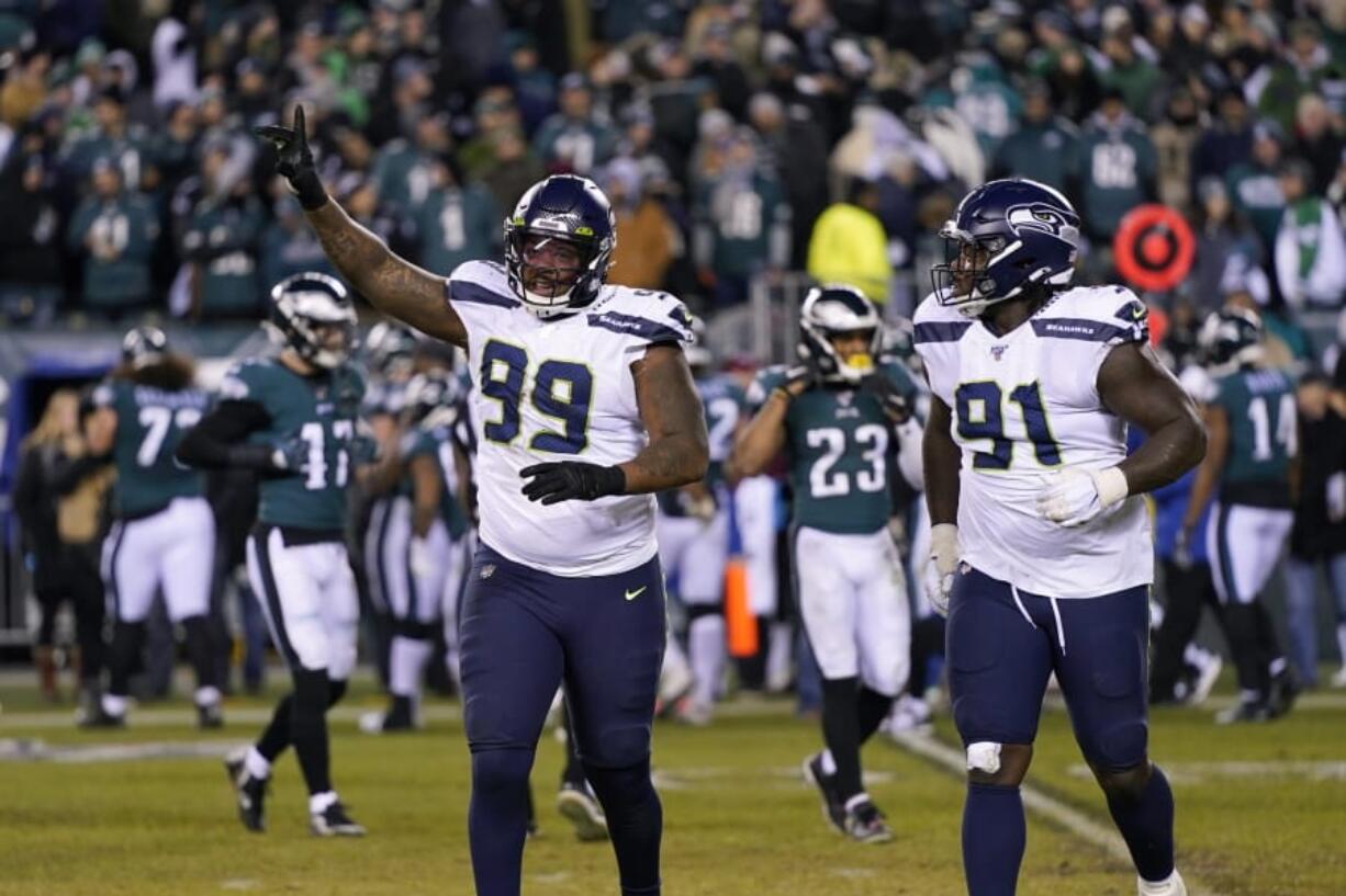 Seattle Seahawks&#039; Quinton Jefferson reacts during the second half of an NFL wild-card playoff football game against the Philadelphia Eagles, Sunday, Jan. 5, 2020, in Philadelphia.