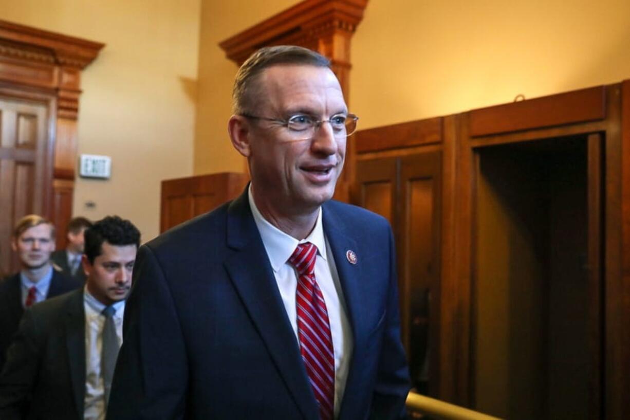 Georgia Rep. Doug Collins walks with colleagues at the state capitol in Atlanta, Tuesday, Jan. 28, 2020.  Collins announced that he&#039;s running for the U.S. Senate seat held by a fellow Republican, setting up a battle that could divide the state party this election year. Collins made the announcement Wednesday, Jan. 29, 2020 on Fox &amp; Friends.