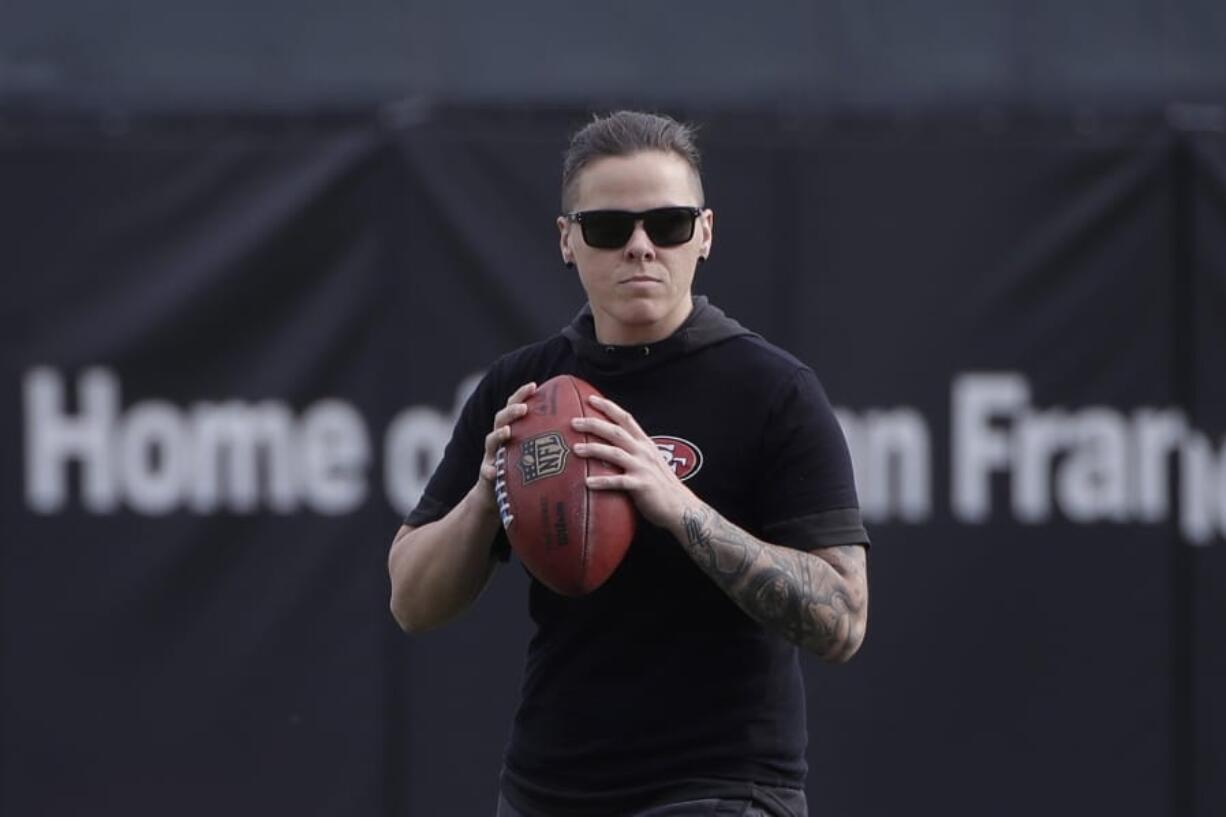 San Francisco 49ers offensive assistant Katie Sowers watches as players practice at the team&#039;s NFL football training facility in Santa Clara, Calif., Thursday, Jan. 23, 2020. The 49ers will face the Kansas City Chiefs in Super Bowl 54.