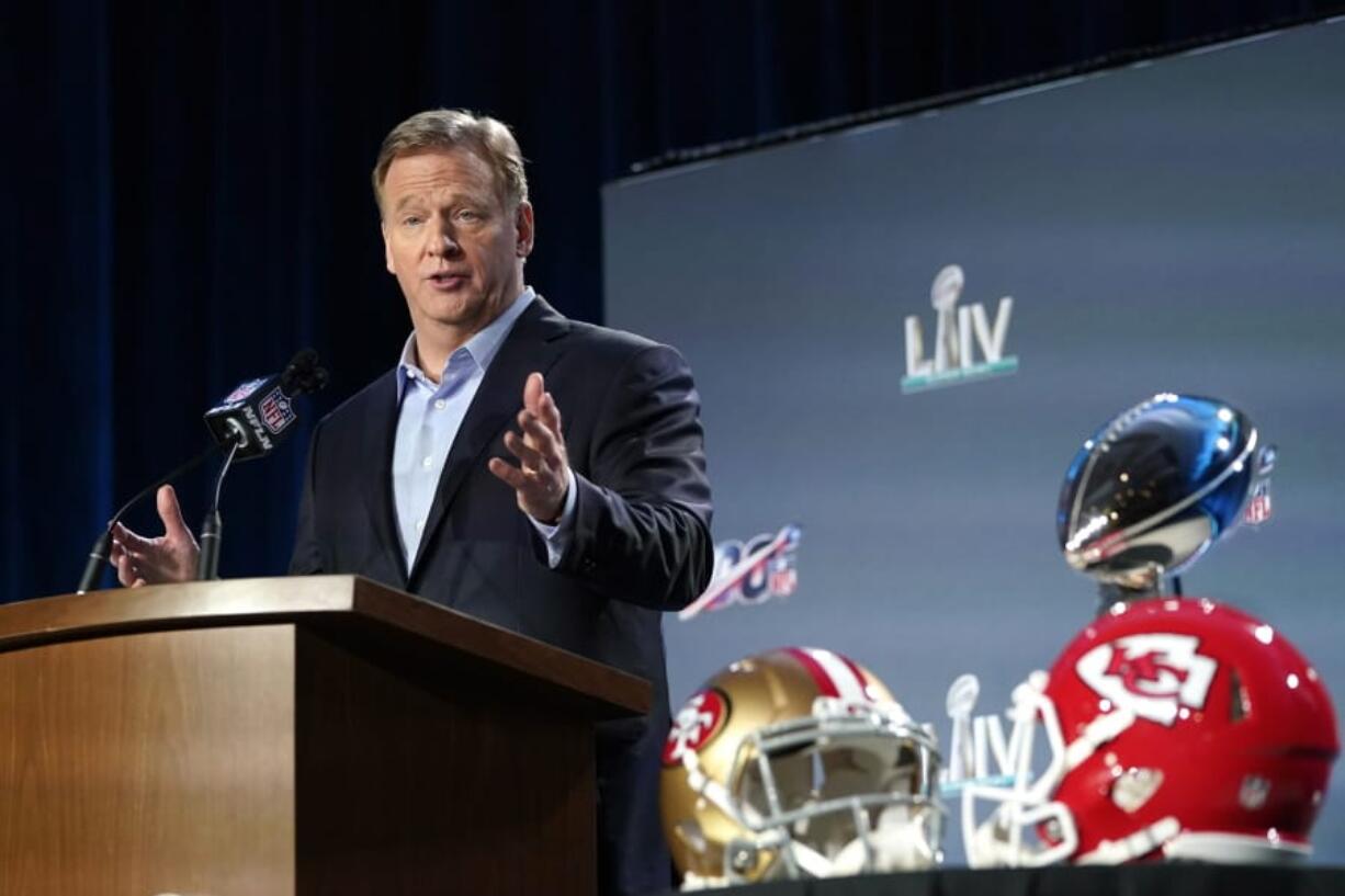 NFL Commissioner Roger Goodell answers a question during a news conference for the NFL Super Bowl 54 football game Wednesday, Jan. 29, 2020, in Miami. (AP Photo/David J.