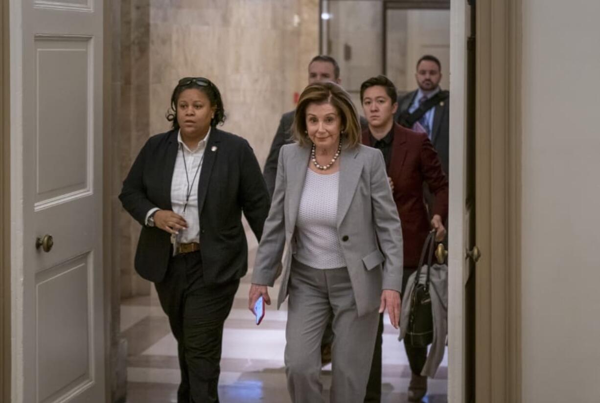 Speaker of the House Nancy Pelosi, D-Calif., arrives at the Capitol in Washington, Friday, Jan. 10, 2020. Pelosi hasn&#039;t relayed the articles of impeachment to the Senate for trial three weeks since President Donald Trump was impeached on charges of abuse and obstruction. Last night, she led the Democrat-controlled House in passing a measure limiting Trump&#039;s ability to take military action against Iran after he ordered the U.S. killing of a top Iranian general. (AP Photo/J.