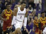 Washington forward Nate Roberts (1) reacts to a play against Southern California during the first half of an NCAA college basketball game, Sunday, Jan. 5, 2020, in Seattle. (AP Photo/Ted S.