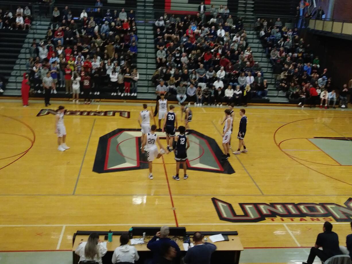 The Union boys basketball team gets ready to tip off against Gonzaga Prep on Saturday.