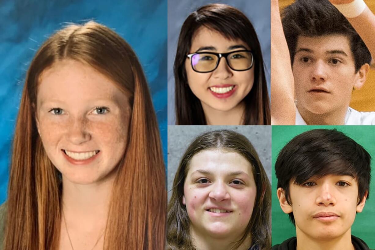 Savea Mansfield of Washougal girls basketball was the Week 4 winter sports prep athlete of the week. Other nominees, clockwise from top left, Jenna Chinn of Columbia River bowling, Evan Norris of La Center basketball, Kalani Nudera of Evergreen wrestling, Riley Aamold of Union wrestling.