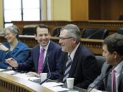 From left, House Speaker Designate Laurie Jinkins, D-Tacoma, Senate Majority Leader Andy Billig, D-Spokane, House Minority Leader J.T. Wilcox, R-Yelm, and Senate Minority Leader Mark Schoesler, R-Ritzville, take part in the AP Legislative Preview, Thursday, Jan. 9, 2020, at the Capitol in Olympia, Wash. (AP Photo/Ted S.