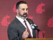 New Washington State football coach Nick Rolovich speaks during a news conference after being officially introduced as the head coach on Thursday, Jan. 16, 2020, in Pullman, Wash.