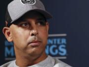 Boston Red Sox manager Alex Cora listens to a question during the Major League Baseball winter meetings Monday, Dec. 9, 2019, in San Diego.