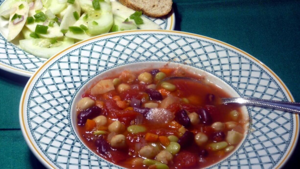 Three Bean Soup with Cucumber and Jicama Salad.