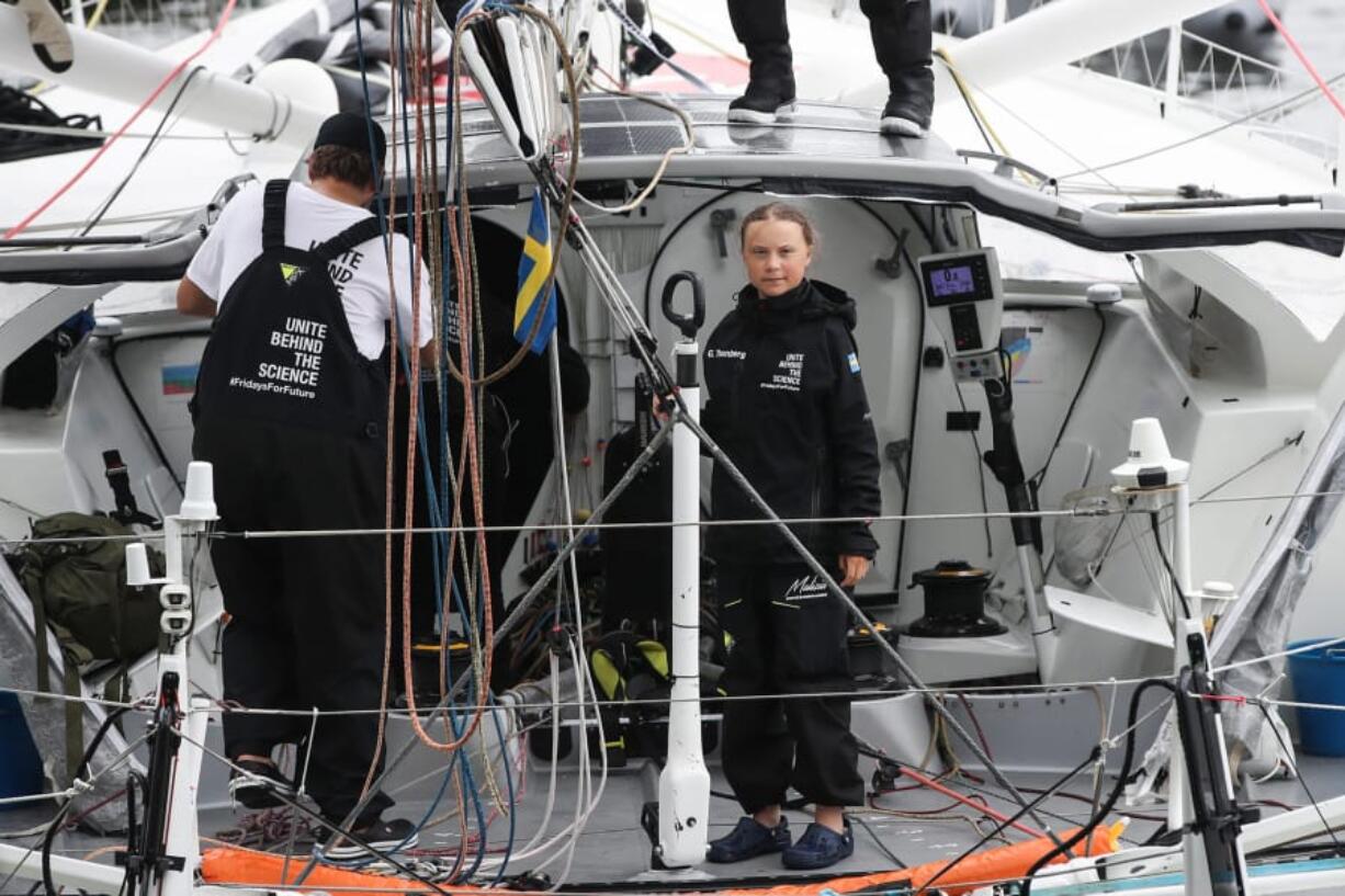 Swedish climate activist Greta Thunberg arrives in the U.S. after a 15-day journey crossing the Atlantic in the Malizia II, a zero-carbon yacht, in New York City on Aug. 28.