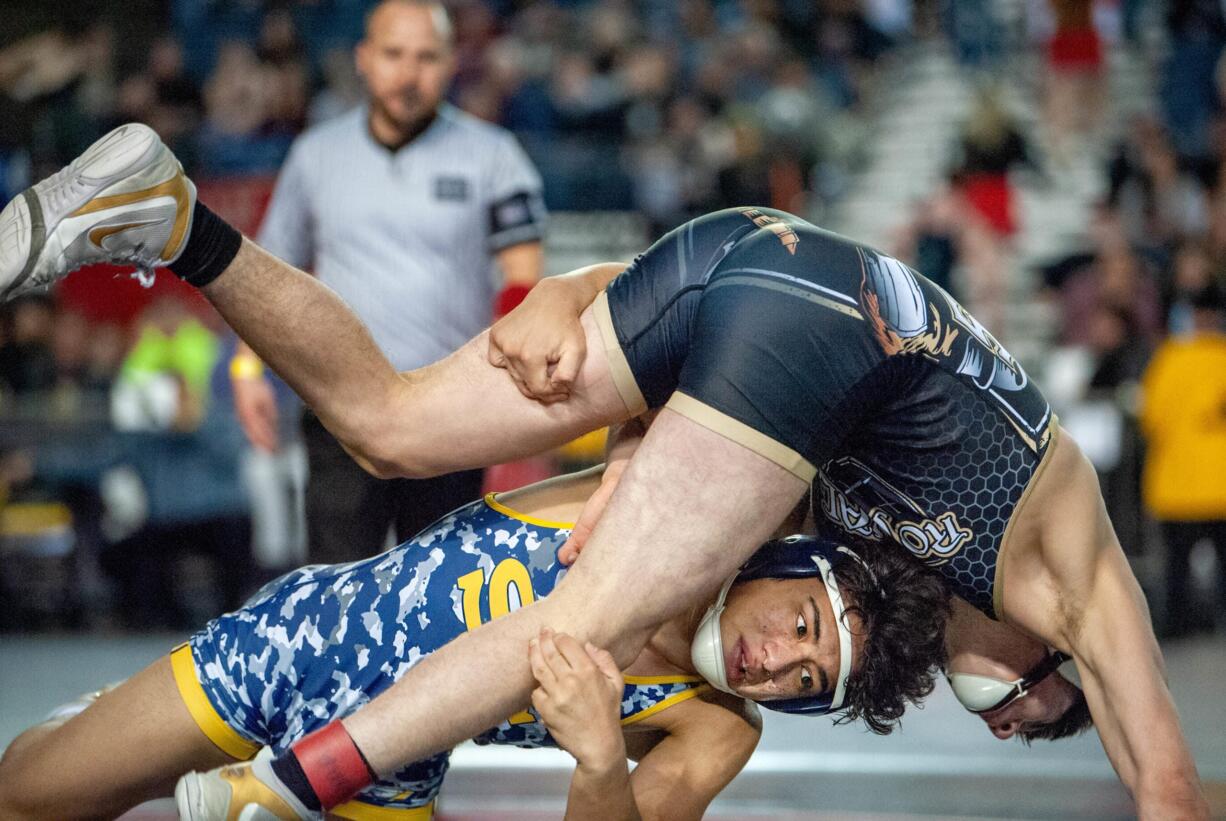 Seton Catholic junior Elijah Volk, bottom, takes down Royal's Kaleb Hernandez in a Class 1A 145-pound quarterfinal on Friday at Mat Classic XXXII in the Tacoma Dome. Volk won by 8-4 decision.