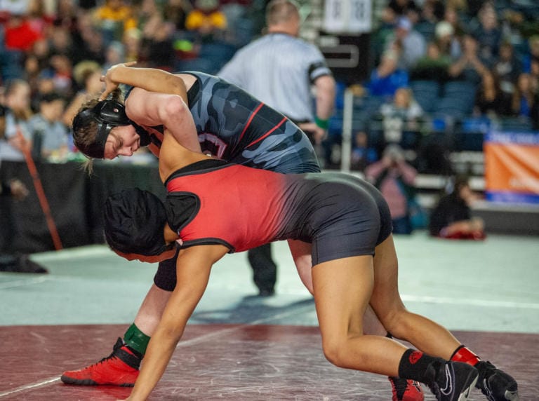 Union's Riley Aamold competes in a 125-pound semifinal match on Saturday at Mat Classic XXXII in the Tacoma Dome.