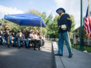 Frazier Raymond Jr., president of the Moses Williams Pacific Northwest Chapter of the Buffalo Soldiers, gets ready to speak at the 2019 dedication of a new Buffalo Soldiers memorial at Fort Vancouver.