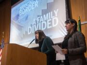 Nathan Howard/The Columbian
Assistant Metro Editor Jessica Prokop, left, and Photo Editor Amanda Cowan speak about their reporting of &quot;Bridging the Border.&quot;