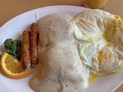 Biscuits and gravy with eggs and sausage at Hockinson Cafe.