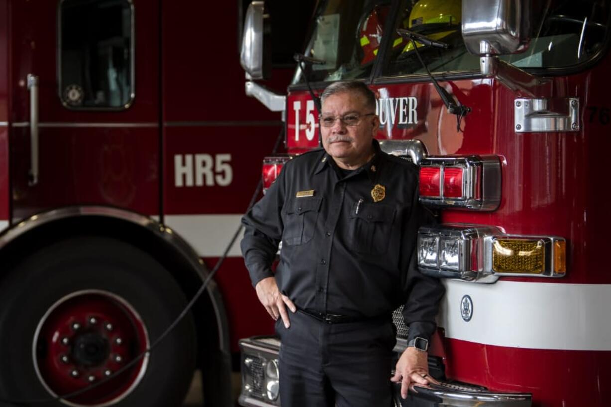 After 12 years of service in the Vancouver Fire Department, nine of which he served as the chief, Fire Chief Joe Molina is set to retire this summer. He began his career as a firefighter in 1992 at a fire department in Waco, Texas. Below, Vancouver Fire Chief Joe Molina&#039;s captain helmet from his years in Waco, Texas, sits on his bookshelf at his office in Fire Station 5 in Vancouver.