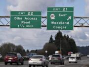 Motorists traveling north on Interstate 5 approach Exit 21 in Woodland on Monday morning.