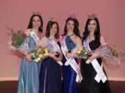 Title winners at the 2020 Miss Clark County Scholarship Organization Pageant, held Feb. 23, were: Glory Boieriu, Miss Greater Vancouver, from left; Emma Boonabi-Mirfathali, Miss Greater Vancouver&#039;s Outstanding Teen; Morgan Greco, Miss Clark County&#039;s Outstanding Teen; and Annie Straight, Miss Clark County.