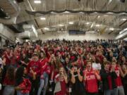 Union High School’s student section celebrates their team’s win over Gonzaga Prep at Battle Ground High School on Saturday evening, Feb. 29, 2020.