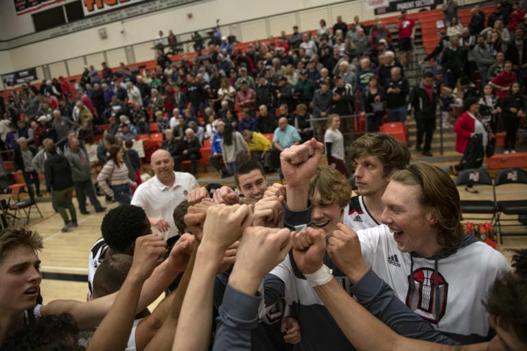 The Union Titans celebrate their victory over the Gonzaga Prep Bullpups at Battle Ground High School on Saturday evening, Feb. 29, 2020.