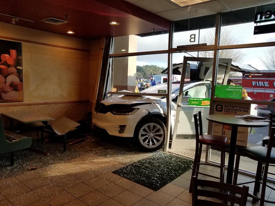 One person was injured Sunday when the car they were riding in malfunctioned and crashed into a Subway restaurant in Woodland.