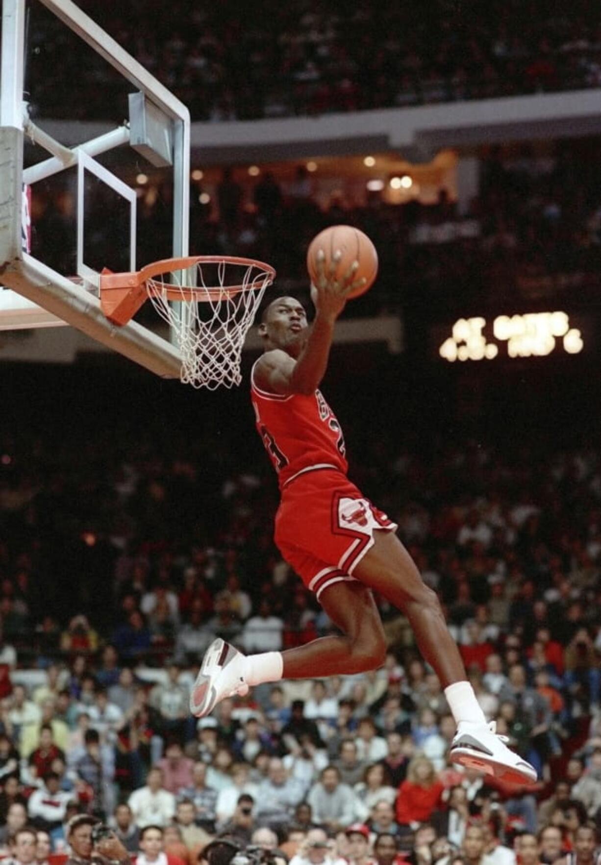 Chicago Bulls&#039; Michael Jordan dunks during the 1988 slam-dunk competition of the NBA All-Star weekend in Chicago. Jordan left the old Chicago Stadium that night with the trophy. To this day, many believe Wilkins was the rightful winner.