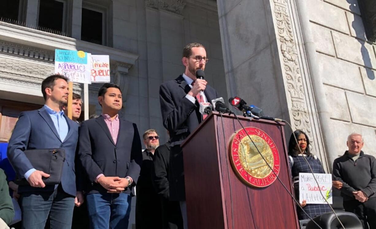 California state Sen. Scott Wiener announces he will introduce legislation to take over Pacific Gas &amp; Electric at a rally in San Francisco Monday, Feb. 3, 2020. The legislation is aimed at transforming the nation&#039;s largest electric utility into a publicly-owned company. Wiener said the bill would involve a public takeover of Pacific Gas &amp; Electric and its sprawling network of power lines that have been blamed for starting catastrophic wildfires that have killed dozens of people and caused billions of dollars in damage.