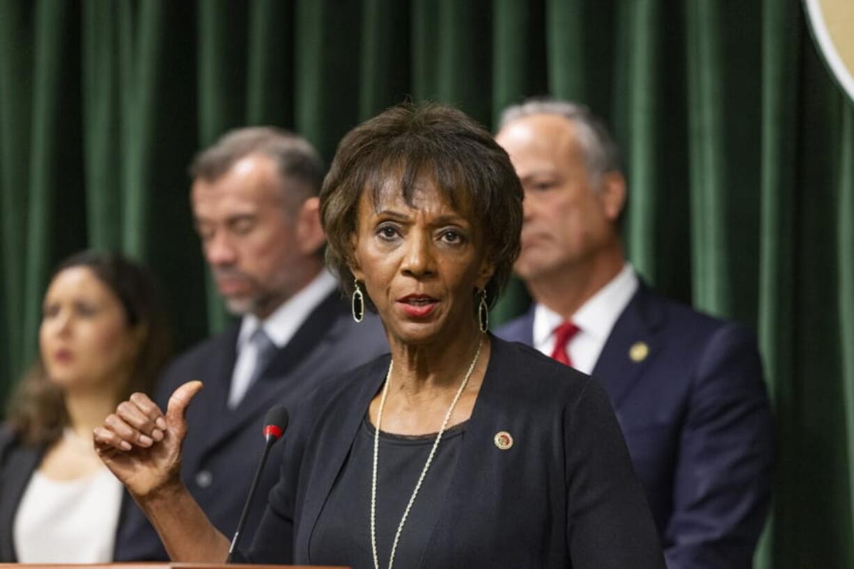 FILE - In this Sept. 19, 2019, file photo, Los Angeles County District Attorney, Jackie Lacey speaks during a news conference in Los Angeles. Two candidates running campaigns based around criminal justice reforms are trying to unseat the two-term district attorney of Los Angeles. Lacey is opposed by former San Francisco District Attorney George Gascon and ex-public defender Rachel Rossi.