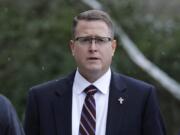 This Jan. 15, 2020, photo shows Rep. Matt Shea, R-Spokane Valley, during a rally held by "My Family My Choice," an organization opposed to government regulations affecting schools and child-raising the Capitol in Olympia. (Ted S.