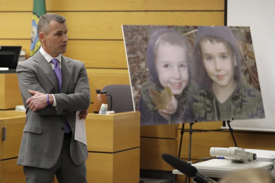 Ted Buck, an attorney for Chuck and Judy Cox, the parents of missing Utah woman Susan Cox Powell and the grandparents of Susan&#039;s sons Charlie and Braden, who were attacked and killed by their father Josh Powell in 2012 while he was under suspicion for Susan Powell&#039;s disappearance, makes his opening arguments, Tuesday, Feb. 18, 2020, in Pierce County Superior Court in Tacoma, Wash., on the first day of a civil lawsuit over the murder of her young sons by Josh Powell. The Coxes allege that negligence by the Washington state Department of Social and Health Services was a contributing factor that led to the deaths of their grandsons. (AP Photo/Ted S.