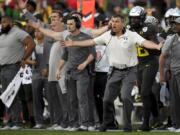 Oregon head coach Mario Cristobal reacts during second half of the Rose Bowl NCAA college football game against Wisconsin Wednesday, Jan. 1, 2020, in Pasadena, Calif. (AP Photo/Mark J.