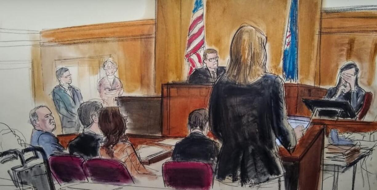 In this courtroom sketch, a witness weeps as she testifies during the Harvey Weinstein trial, Friday, Jan. 31, 2020, in New York. A key accuser in Weinstein&#039;s trial testified Friday that he trapped her in a New York hotel room, angrily ordered her to undress and raped her, but that she stayed in contact with him because &quot;his ego was so fragile&quot; and she wanted to be seen as naive.