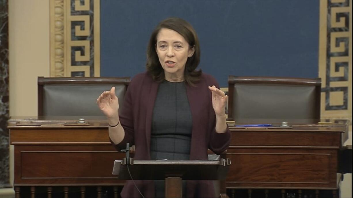 In this image from video, Sen. Maria Cantwell, D-Wash., speaks on the Senate floor about the impeachment trial against President Donald Trump at the U.S. Capitol in Washington, Monday, Feb. 3, 2020. The Senate will vote on the Articles of Impeachment on Wednesday afternoon.