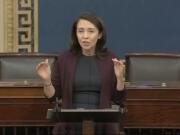 In this image from video, Sen. Maria Cantwell, D-Wash., speaks on the Senate floor about the impeachment trial against President Donald Trump at the U.S. Capitol in Washington, Monday, Feb. 3, 2020. The Senate will vote on the Articles of Impeachment on Wednesday afternoon.