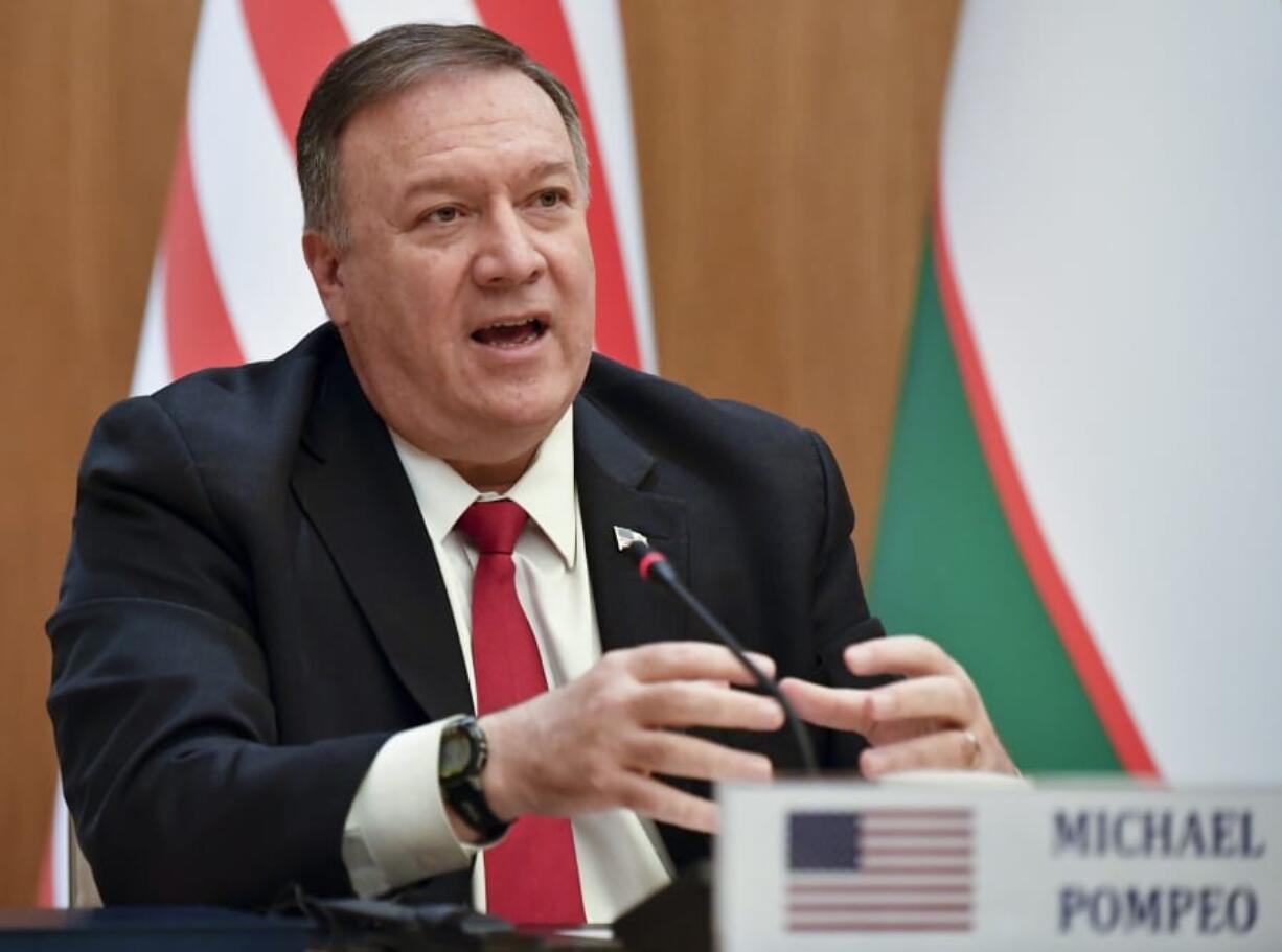 U.S. Secretary of State Mike Pompeo speaks during a joint news conference with Uzbekistan&#039;s Foreign Minister Abdulaziz Kamilov following the talks in Tashkent, Uzbekistan, Monday, Feb. 3, 2020.