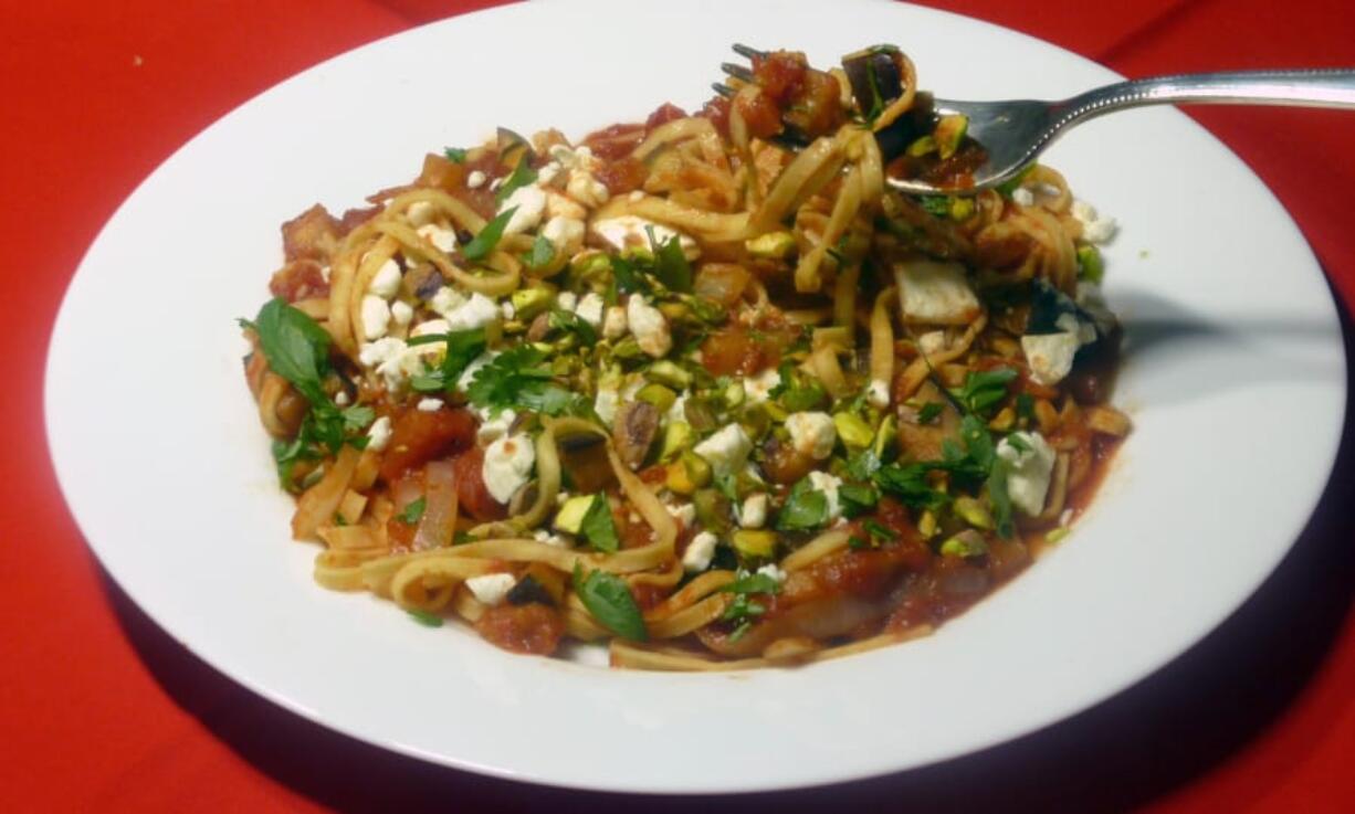 Linguine with Eggplant, Tomato and Pistachios.