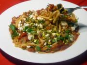 Linguine with Eggplant, Tomato and Pistachios.