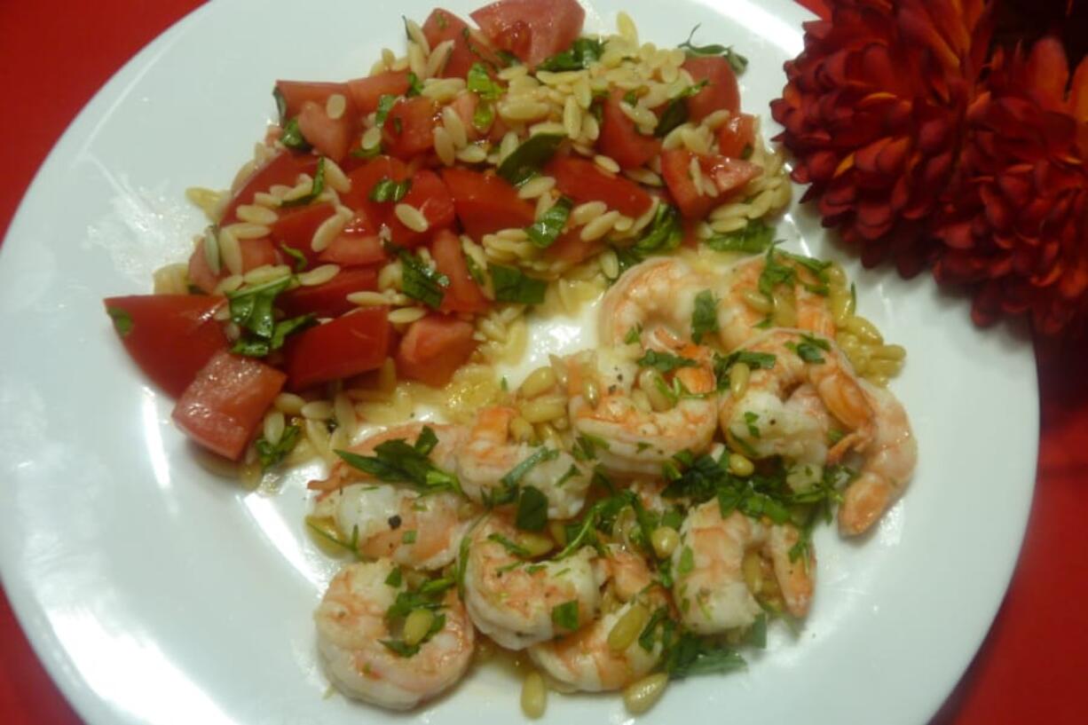 Herbed Shrimp and Orzo with Fresh Tomatoes: Shrimp flavored with fresh tarragon and lemon juice is a 3-minute dish.