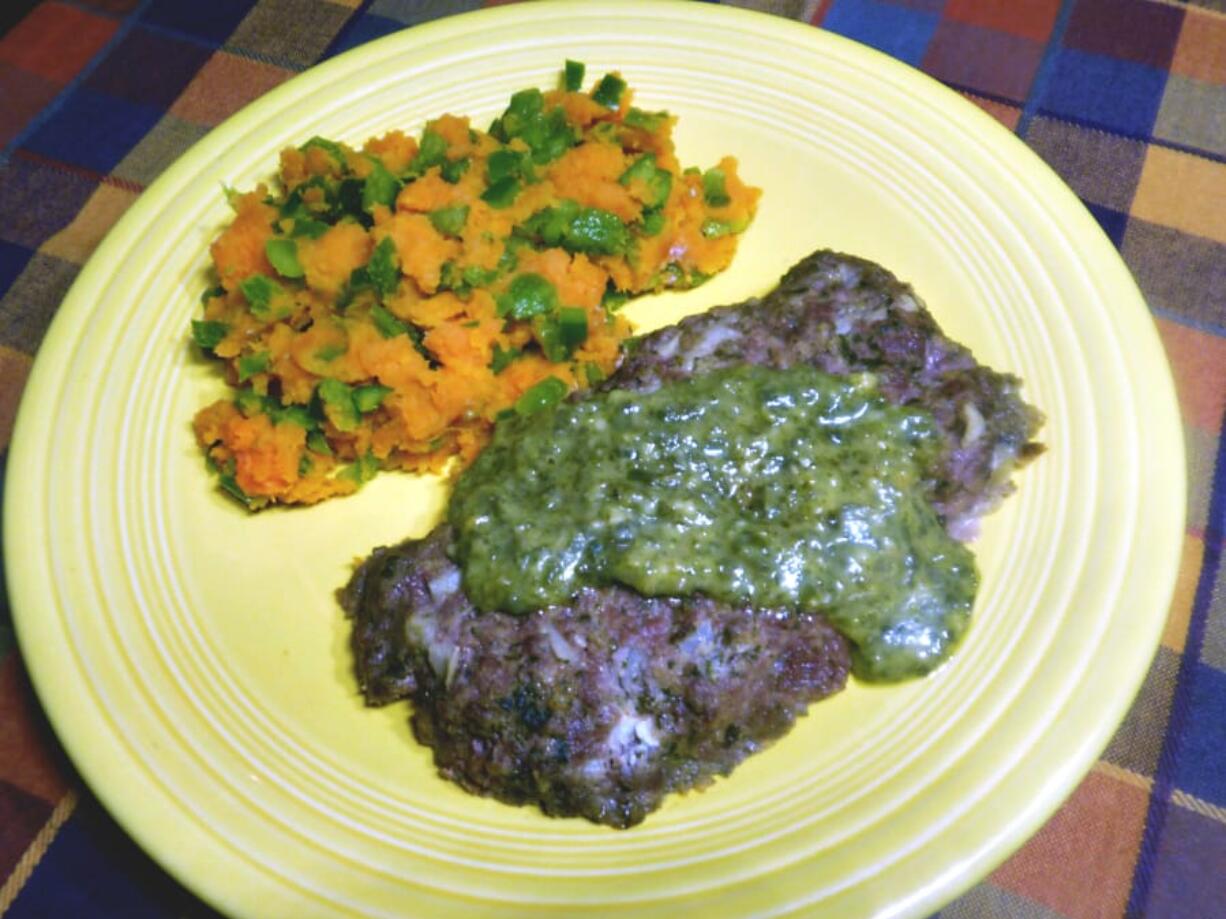 Pesto Meatloaf with Mashed Sweet Potatoes.