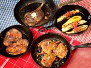 Clockwise from left, Pan-Roasted Pork Chops, Thomas Keller&#039;s Pan-Roasted Cote de Boeuf, Thomas Keller&#039;s Oven-Roasted Zucchini, and One-Skillet Roasted Sesame Chicken Thighs. (Hillary Levin/St.